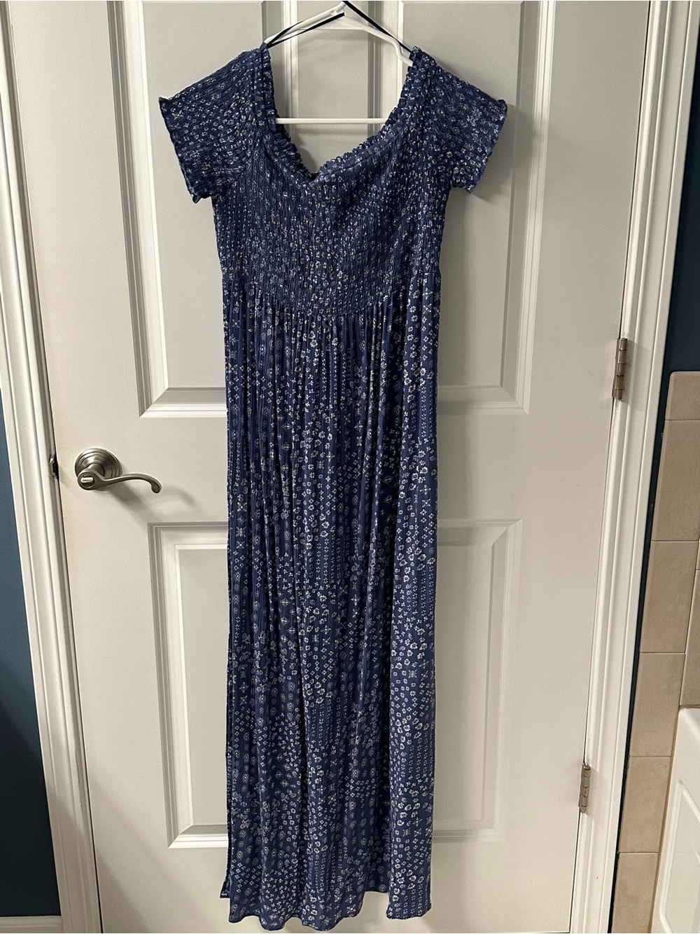 Pink Rose Blue Floral Smocked Midi Dress